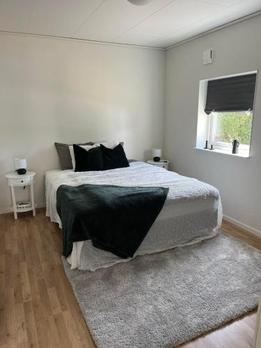 a bedroom with a large bed and a rug at Villa Elme in Växjö