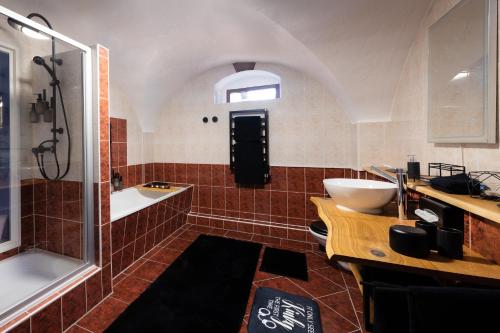 een badkamer met een bad, een wastafel en een douche bij Liebesgewölbe in Pirna
