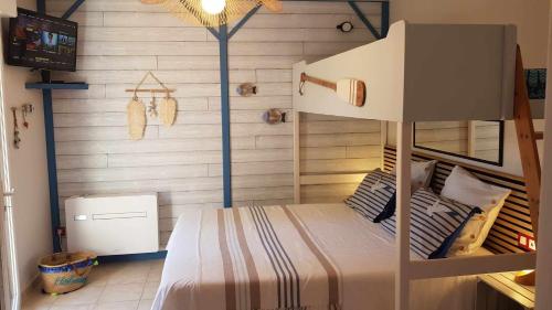 a bedroom with a bunk bed and a tv at Chez Florence et Bruno in Saint-Cyr-sur-Mer