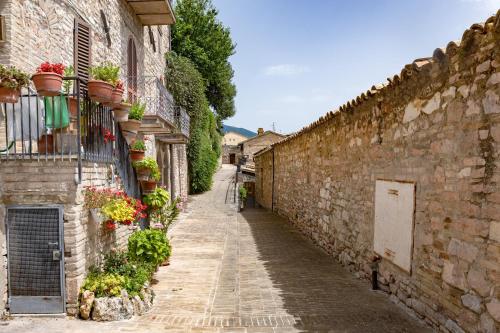 an alley in an old stone building with potted plants at Rustic House, con patio e giardino, Assisi centro in Assisi