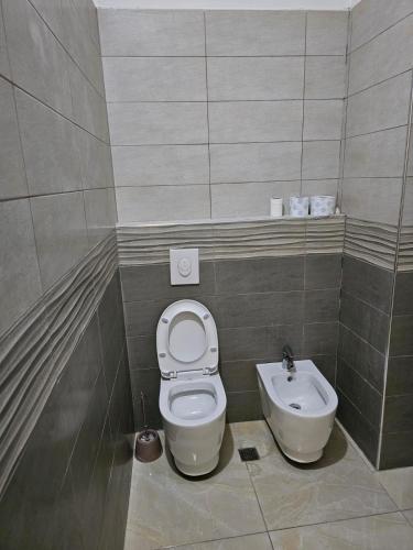 un bagno con WC e lavandino di Vela Apartment a Durrës