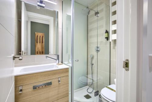 y baño con ducha, lavabo y aseo. en Charming Madrid Serrano, en Madrid