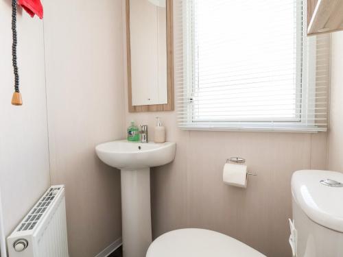 a bathroom with a sink and a toilet and a mirror at ABCVan in Abergele