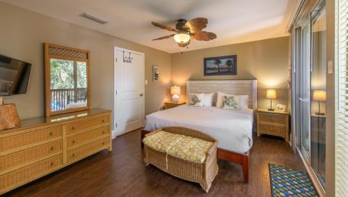 a bedroom with a bed and a tv and a chair at Villas by the Sea Resort & Conference Center in Jekyll Island