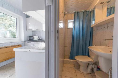 a bathroom with a sink and a toilet and a shower at Gościniec na Leśnej in Sztutowo