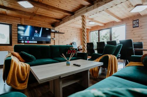 a living room with a couch and chairs and a tv at VIP Villa & Spa in Colibiţa