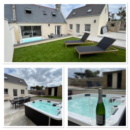 - un collage de photos d'une maison avec une piscine et une bouteille de vin dans l'établissement Maison de charme avec jacuzzi - Bretagne / île de Batz, à Île-de-Batz