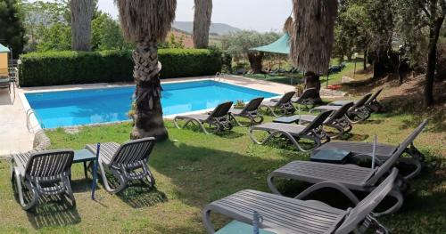 a group of chairs and a swimming pool with trees at Agriturismo Giannavi in Palazzolo Acreide