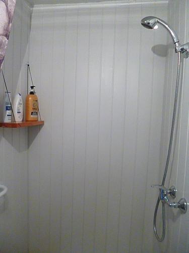 a bathroom with a shower with a shower head at gite du guip in Trégourez