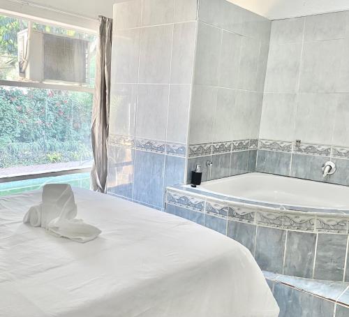 um quarto com uma cama e uma banheira em Homeinn Guesthouse em Nelspruit
