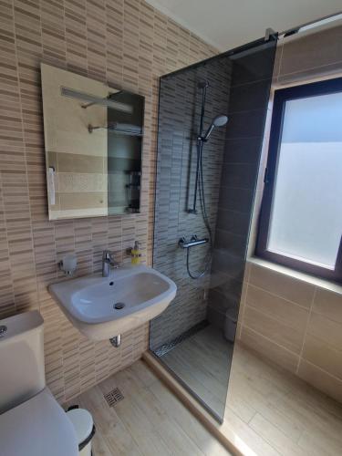ein Bad mit einem Waschbecken, einer Dusche und einem WC in der Unterkunft Flowers Apartments in Nessebar