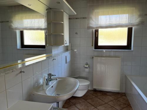 a bathroom with a sink and a toilet and a tub at Weingut Sparrmühle Clarissa und Werner Manz GbR in Undenheim