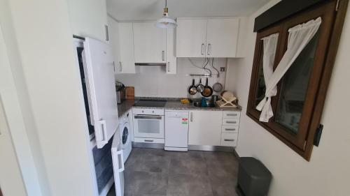 a small kitchen with white cabinets and a dishwasher at Apartamentos Casa de los Ramos in Vinuesa