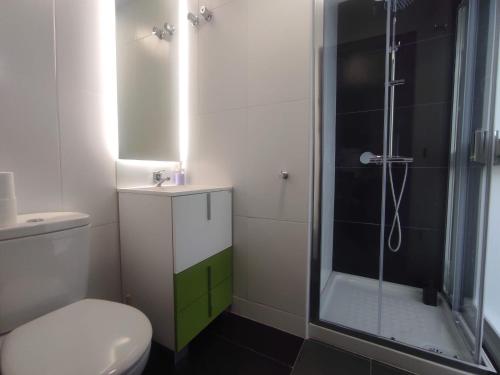 ein Badezimmer mit Toilette und Glasdusche in der Unterkunft 1B. Estudio muy luminoso en el corazón del tapeo. in Ourense