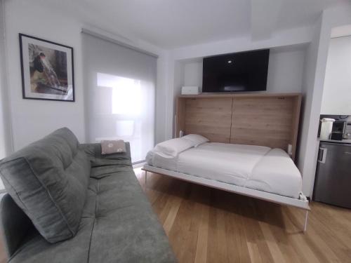 ein Wohnzimmer mit einem Sofa und einem Bett in der Unterkunft 1B. Estudio muy luminoso en el corazón del tapeo. in Ourense