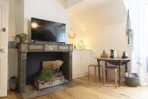 a living room with a fireplace with a television on top at Charmant cocon centre historique in Besançon