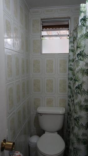 a bathroom with a white toilet and a window at Cabañas Isla de Pascua in Hanga Roa