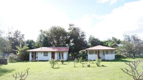 two small white houses in a field with trees at Cabañas Isla de Pascua in Hanga Roa