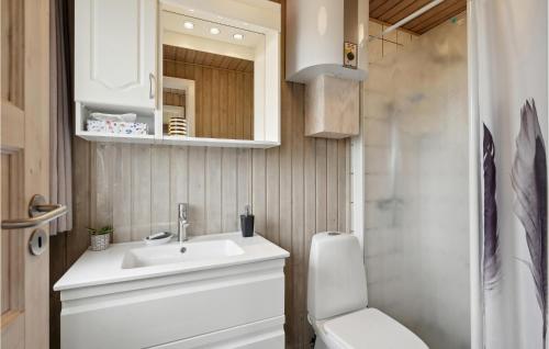 La salle de bains est pourvue d'un lavabo, de toilettes et d'une douche. dans l'établissement Stunning Home In Assens With Kitchen, à Næs
