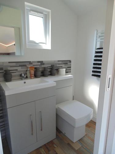 a bathroom with a toilet and a sink and a window at The Cabin in Pakenham