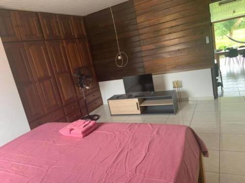 a bedroom with a pink bed and a kitchen at Espaces Zens&Stimulants grand confort 3ch 3sdb Espaces Jardin Cuisines Sport & Baignade in Cayenne