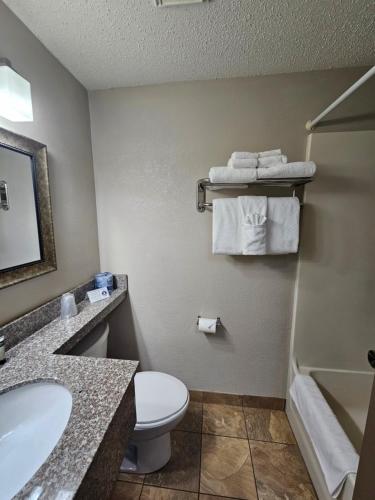 a bathroom with a toilet and a sink and towels at The Lodge at Chalk Hill in Uniontown