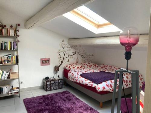 une chambre avec un lit et une étagère dans l'établissement Loft au cœur de Nîmes, à Nîmes