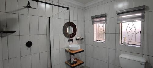 S & S Village Guest House في Meyerton: حمام مع مرحاض ومرآة ونافذة