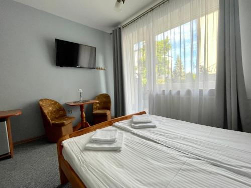 ヤストシェンビャ・グラにあるAbalのベッドルーム(ベッド1台、テレビ、窓付)