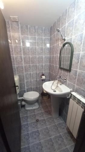 a bathroom with a toilet and a sink at Къща за гости Бащин дом in Apriltsi