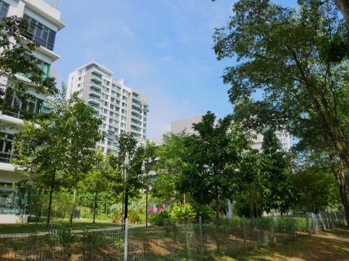 a park with trees in front of tall buildings at Jome Putrajaya Presint 8 Natural Homestay in Putrajaya