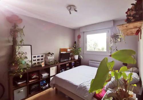 een slaapkamer met een bed en een raam en planten bij Appartement familial Coeur 7 ème in Lyon