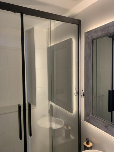 a shower with a glass door in a bathroom at AlquilaEasy Eurosol in Torremolinos