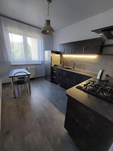a kitchen with a stove and a table in it at Apartament Wrzosowe Pola in Wrzosowo