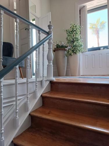 a staircase with two potted plants in a house at Quinta dos Tojais Hotel Rural in Celorico de Basto