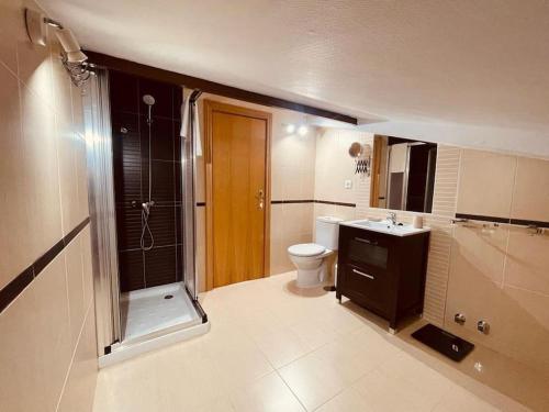een badkamer met een douche, een toilet en een wastafel bij Casa Brian del Tietar in Sotillo de la Adrada