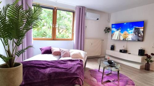 a living room with a bed and a large window at Wohnung: Beast. Bis 6 Personen, Klima, Massageliege, 3x TV in Cremlingen