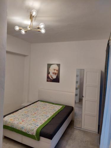 1 dormitorio con 1 cama y una pintura en la pared en PADRE PIO APARTMENTS MINI en Košice