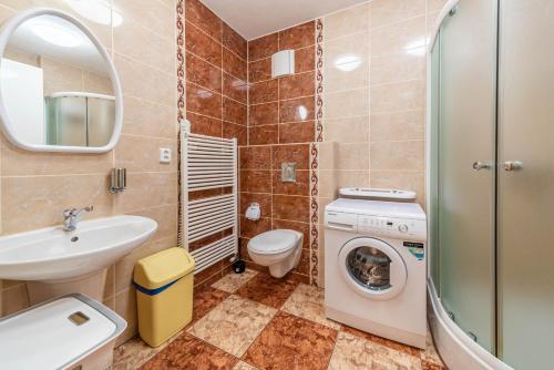 a bathroom with a sink and a washing machine at Apartmán blizko centra Prahy in Prague