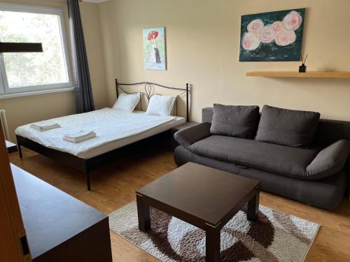 a living room with a bed and a couch at Elegant Escape apartment - free parking, easy access to City Centre in Bratislava