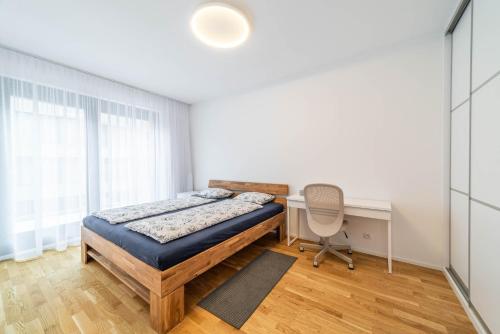 プラハにあるNový byt blízko centra Prahyのベッドルーム(ベッド1台、デスク付)