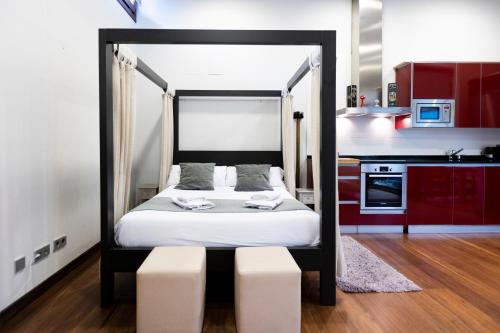 オンダリビアにあるLoft by Basquelidaysのベッドルーム(天蓋付きベッド1台付)、キッチン