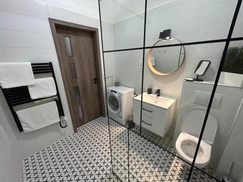 W łazience znajduje się toaleta, umywalka i lustro. w obiekcie Amy Apartment w Budapeszcie