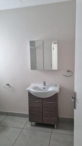 La salle de bains est pourvue d'un lavabo et d'un miroir. dans l'établissement Canterburg Stables, à George