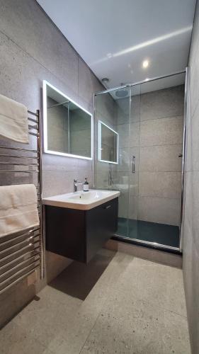 uma casa de banho com um lavatório e um chuveiro em The Cedarwoods - luxury for up to 5 and your woof! em Christchurch