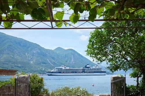 een cruiseschip op het water met bergen op de achtergrond bij Apartments Konoba 224 in Kotor