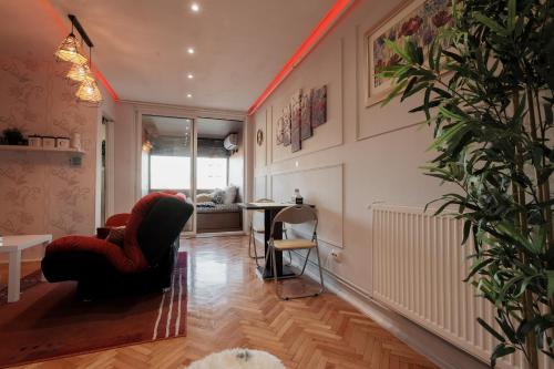 una sala de estar con una línea roja en la pared en Eagle's Nest Short Stay en Baia Mare