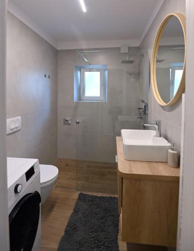 a bathroom with a sink and a toilet and a mirror at Vigo in Rijeka