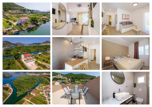 a collage of photos of a hotel room at Apartmani Mostina near river in Ploče