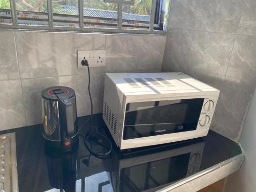 a microwave sitting on a counter next to a window at Elly's Classic Villa in Dar es Salaam